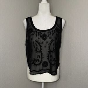 Daytrip Tank Top Women’s Large Black Sheer Beaded Floral Sleeveless Boho Beachy